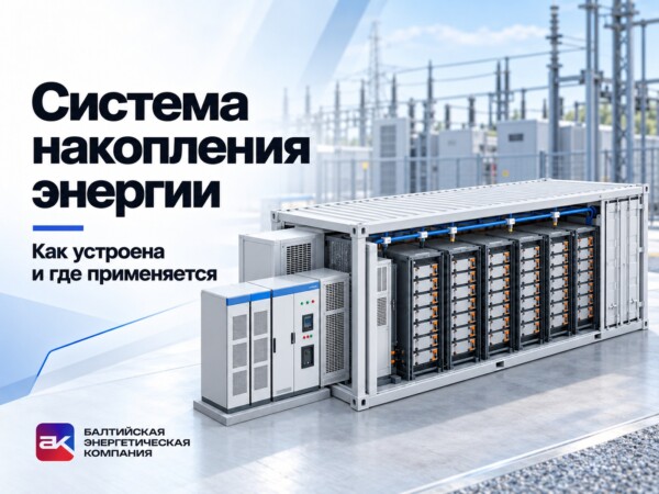 Система накопления энергии: как устроена и где применяется. Контейнерная СНЭ на фоне подстанции, фирменная обложка БЭК.